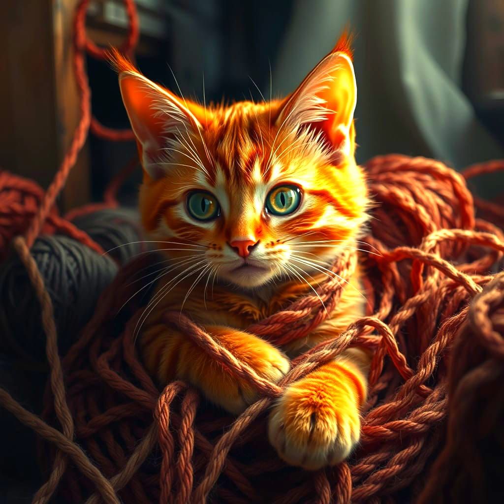 Whimsical Orange Tabby Ensnared in Yarn