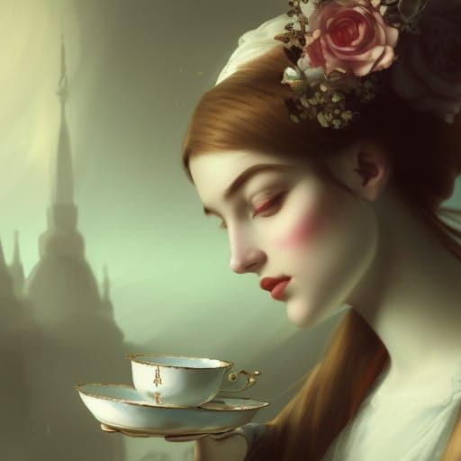 Renaissance Girl with Teacups and Cards