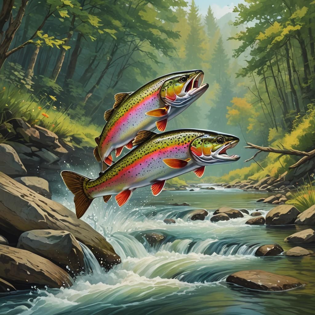 Jumping Trout in River: Colorful Fantasy Action