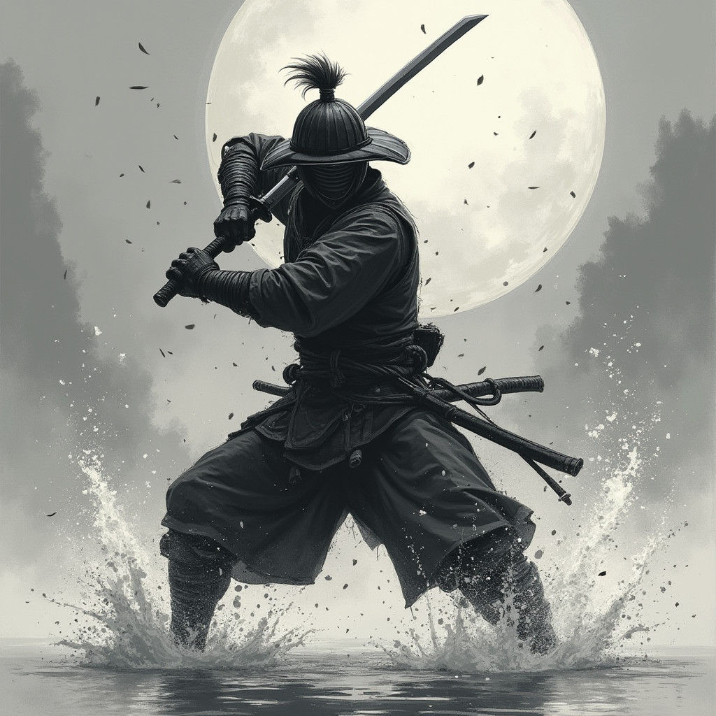 Samurai Battle in Black and White Sketch Style
