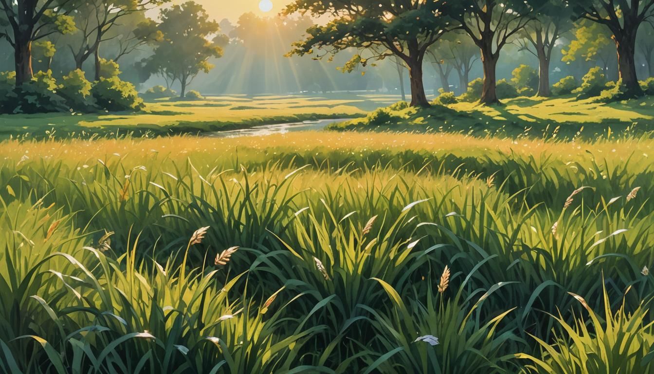 Sunlit Meadow with Dew-Kissed Grass