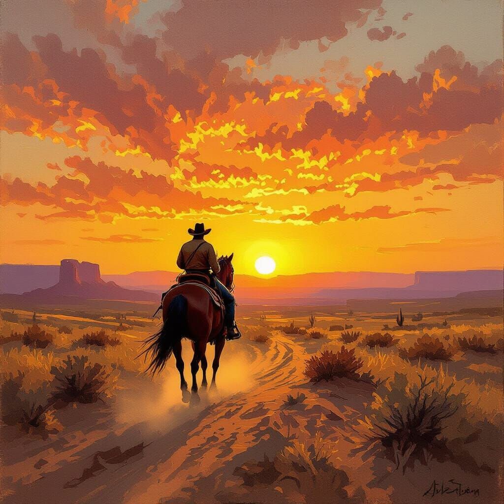 Cowboy on Horse Riding into Fiery Desert Sunset Oil Painting