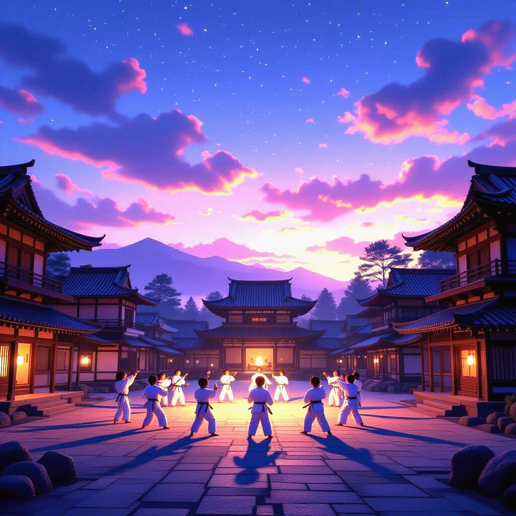 Kids Training Karate in Japanese Village