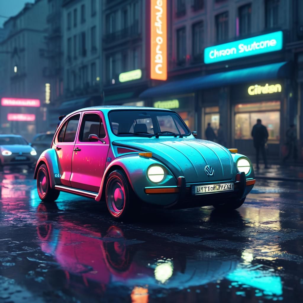 Cyberpunk Hybrid Car in Metropolis at Dusk