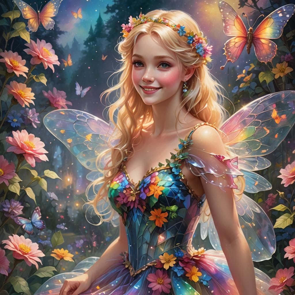 Smiling Fairy in Floral Night Garden