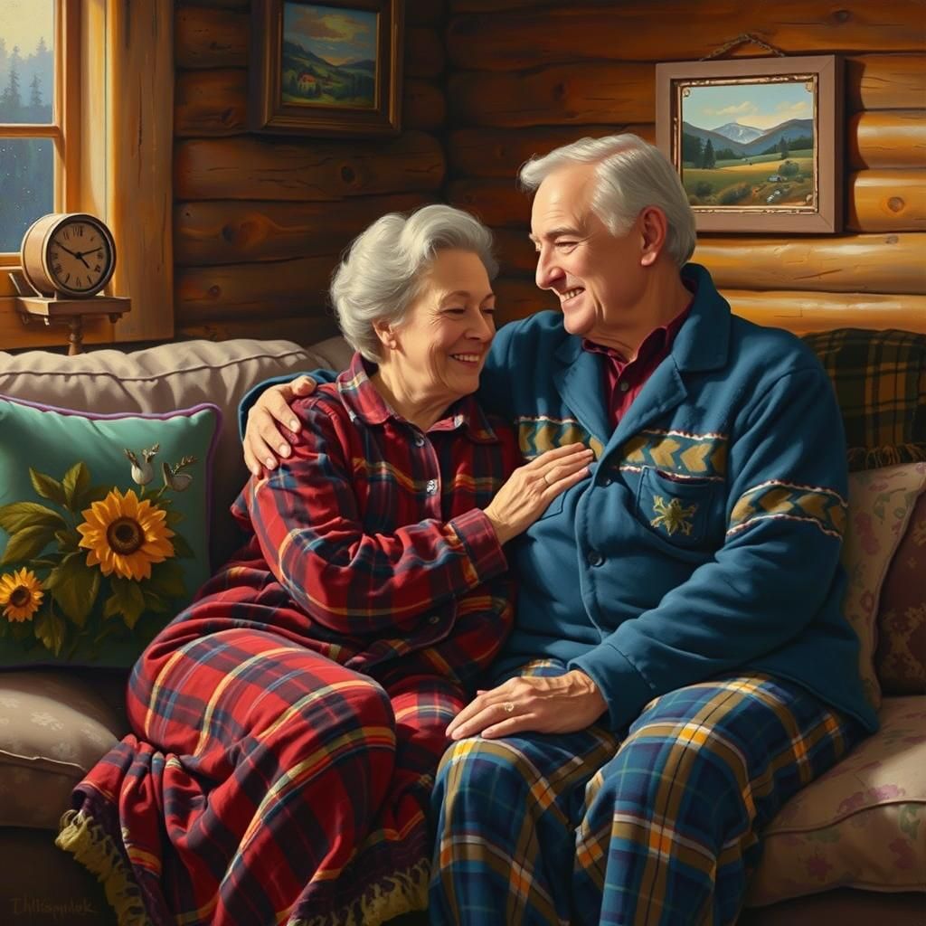 Cozy Cabin Oil Painting of Elderly Couple