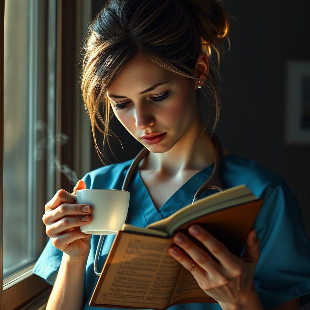 Weary Doctor Finds Solace in Coffee and Medical Textbook Ami...