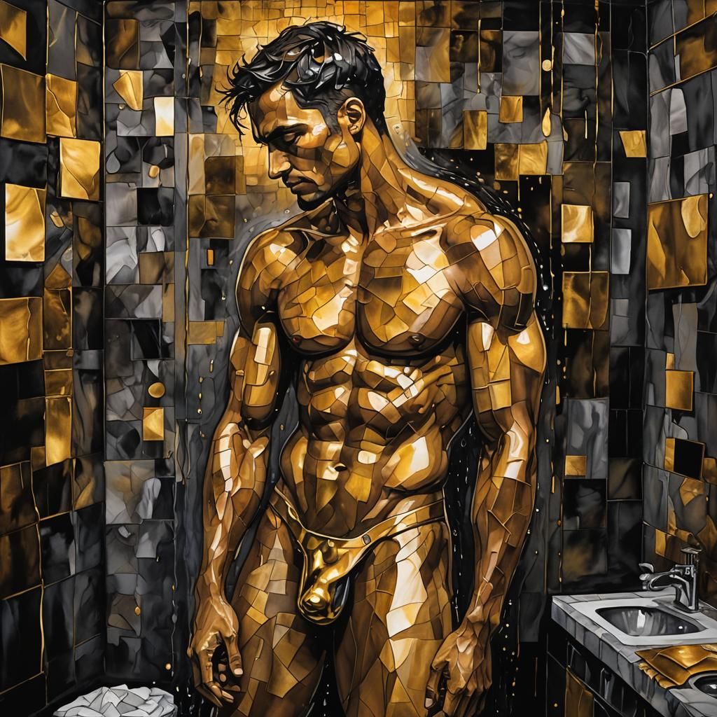 Whimsical Cubist Shower Scene with Gold Thong