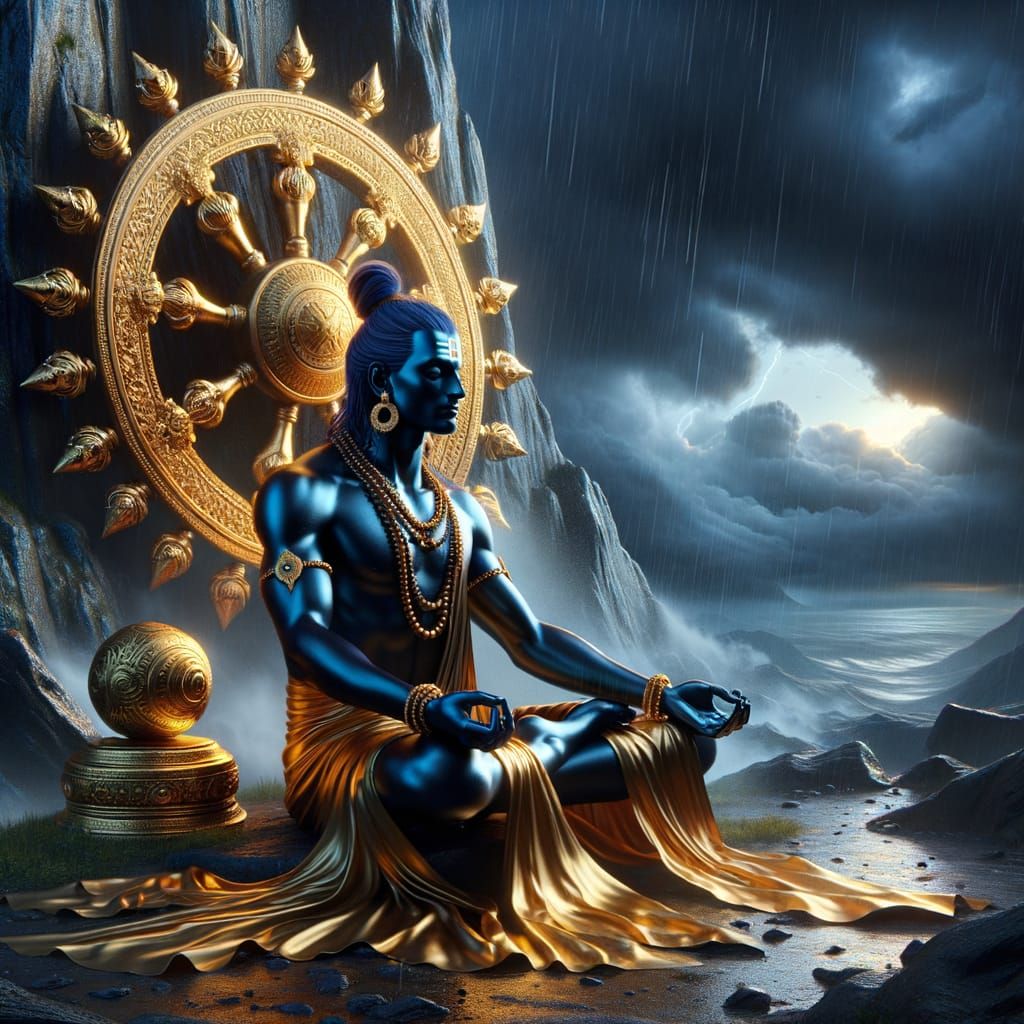 Divine Metallic Figure Blessing in Stormy Mountain Landscape