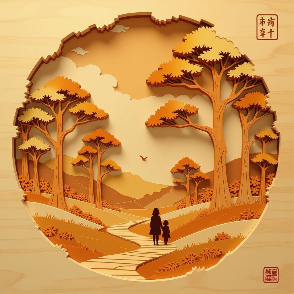 Tranquil Wooden Landscape in Carved Digital Art Style