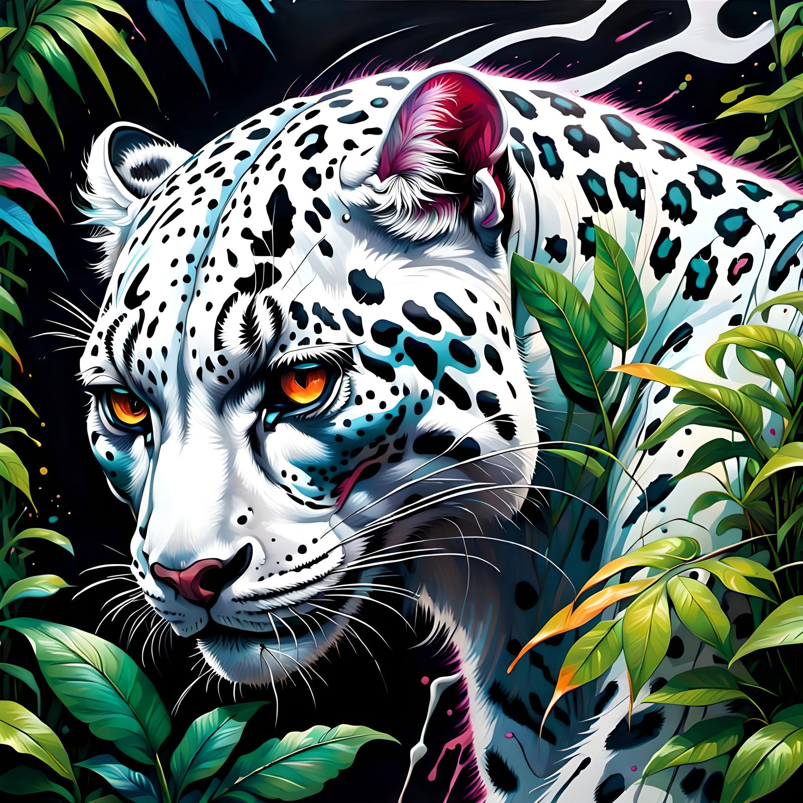 White Leopard in Jungle, Graffiti Splash Art