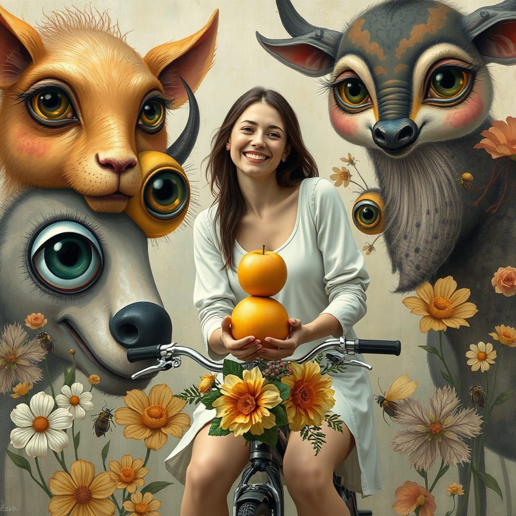 Surreal Woman on Bicycle in Dürer Style