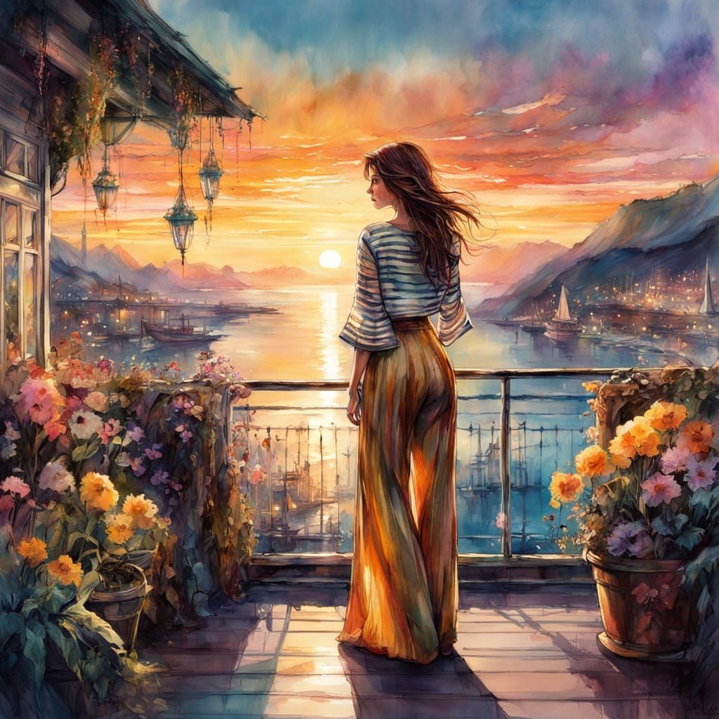 Curvy Woman Overlooking Bay in Digital Watercolor
