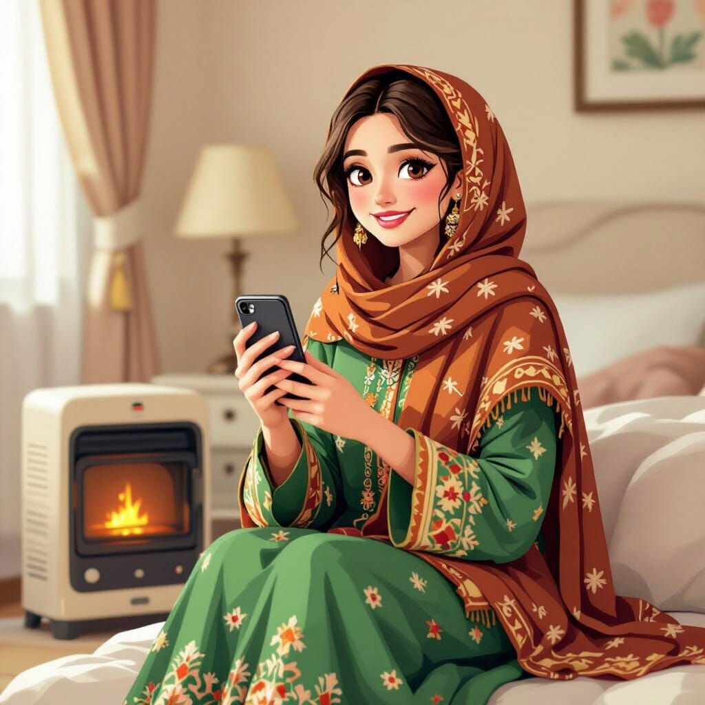Pakistani Girl in Winter Attire with iPhone, 3D Pixel Style