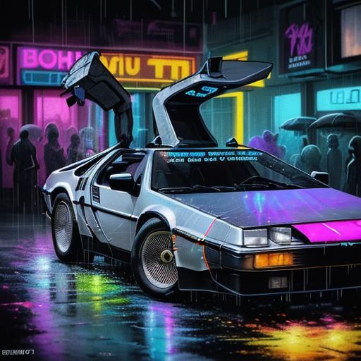 DeLorean in Neon City: 8-Bit Retro Style