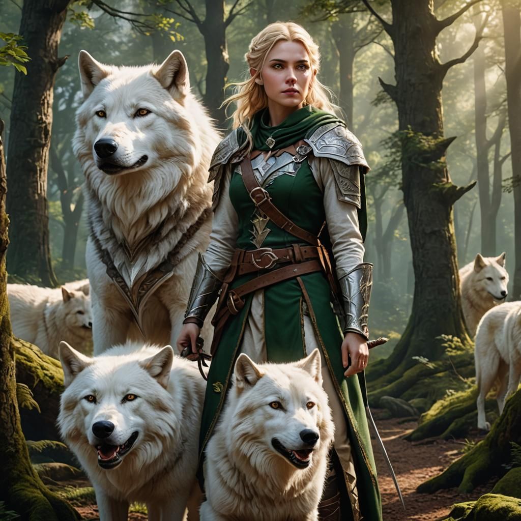 Half-Elf Ranger and Wolf in Detailed Fantasy Art