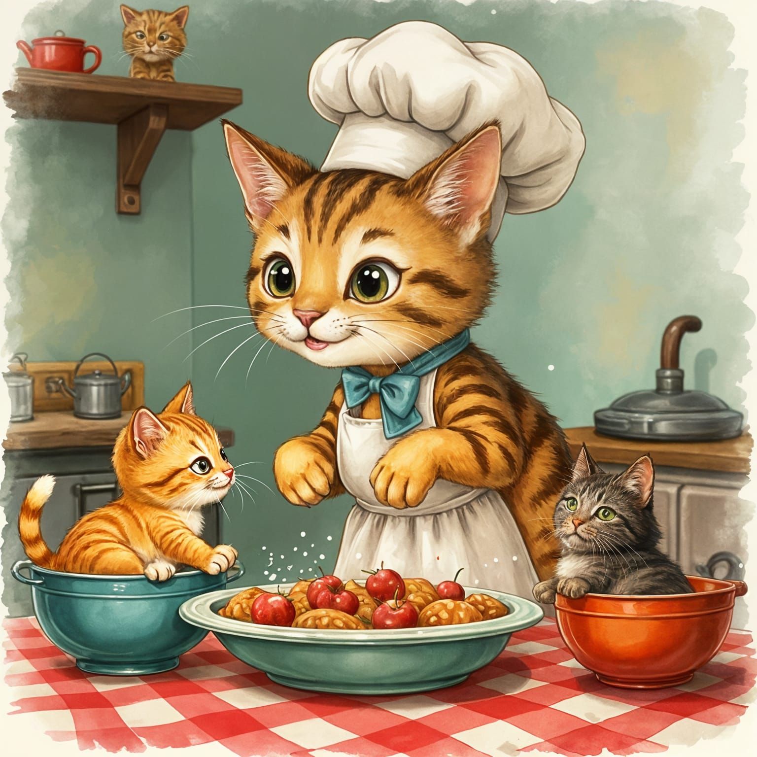 Whimsical Vintage Kitchen Cat Cooks for Kittens in Watercolo...