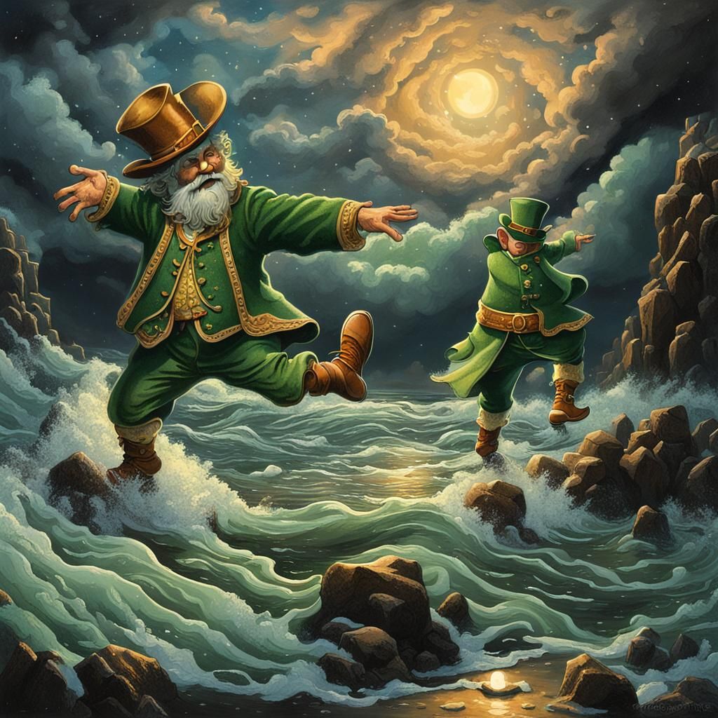 Leprechauns Dancing in Sea Foam Under Moonlight