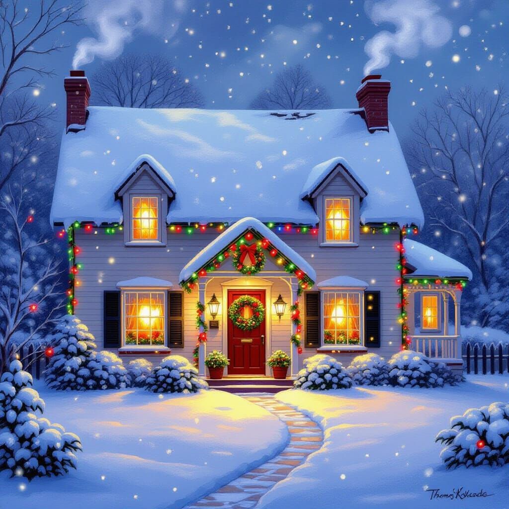 Cozy Snow-Covered Cottage with Christmas Lights