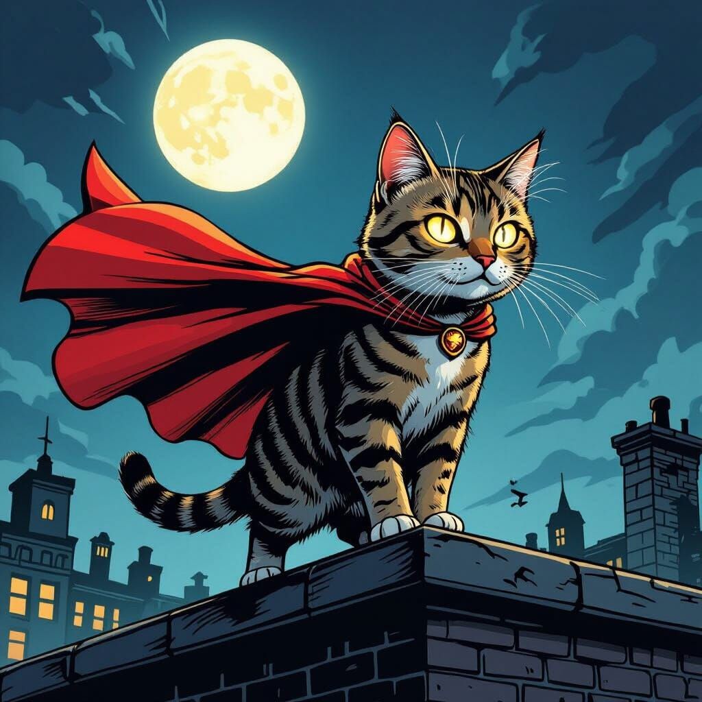 Tabby Cat Superhero in Dynamic Comic Book Style