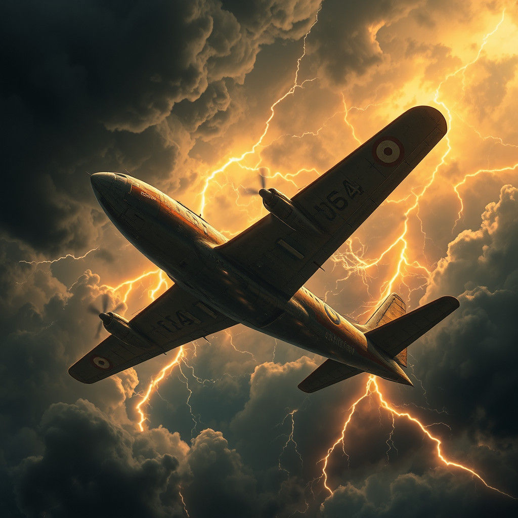 Crashing Airplane in Turbulent Sky with Lightning and Golden...
