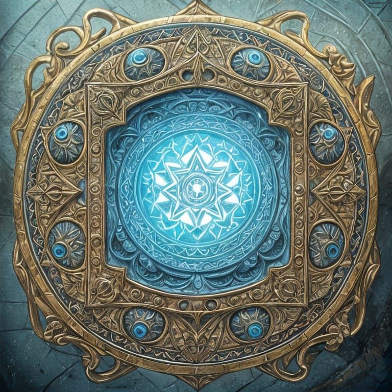 A fantasy shield glowing with magical symbols in a mystical ...