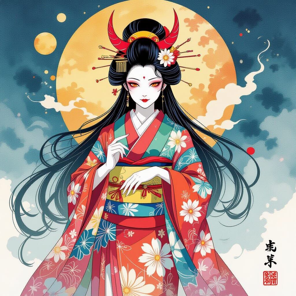 Gyuki Yokai in Vibrant Watercolor and Ink Painting Style