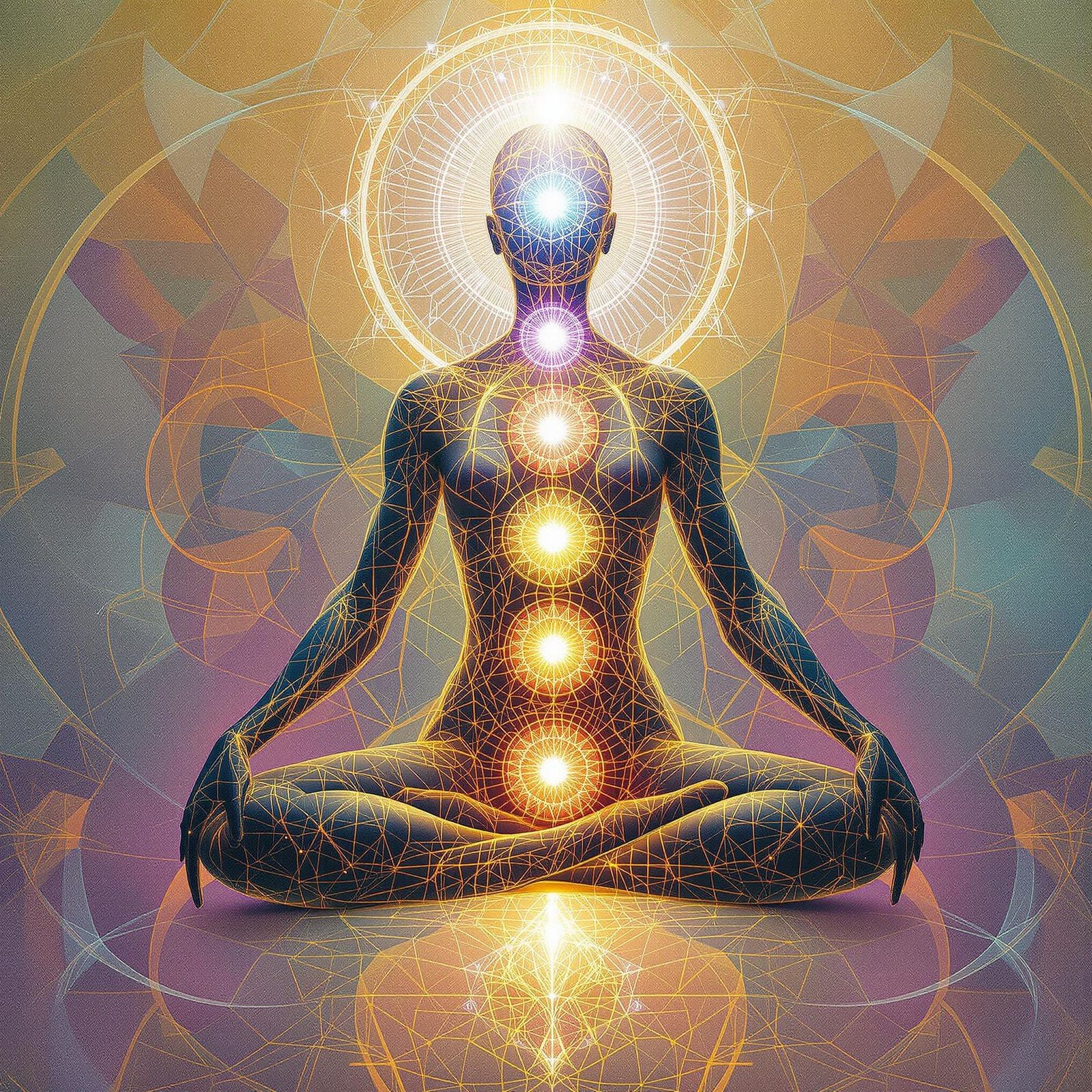 Serene Biomechanical Human Body with Glowing Chakras