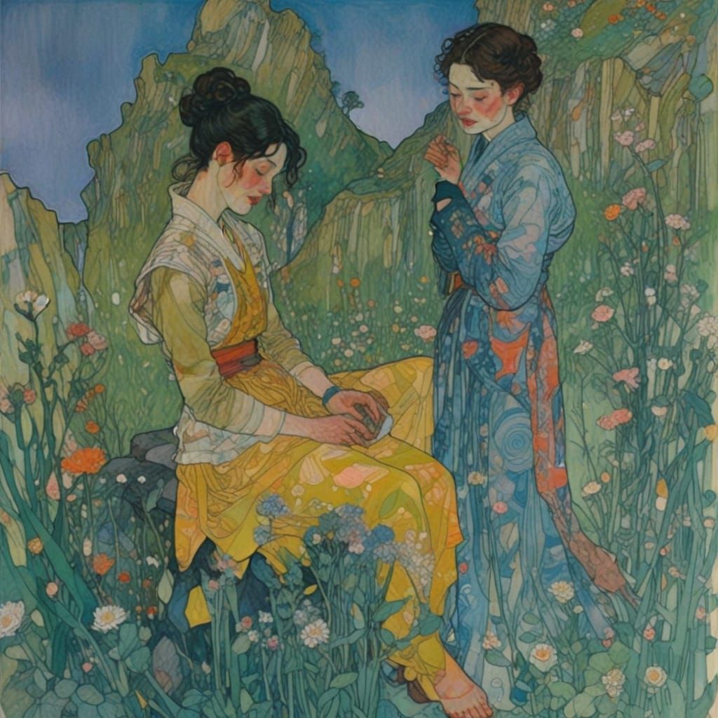 Laughing Sisters in Vibrant, Fluorescent Colors