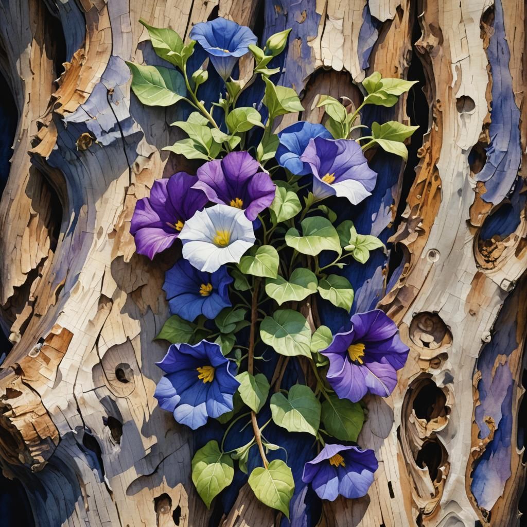 Convolvulus Flower Blooming on Tree Bark: 3D Watercolor