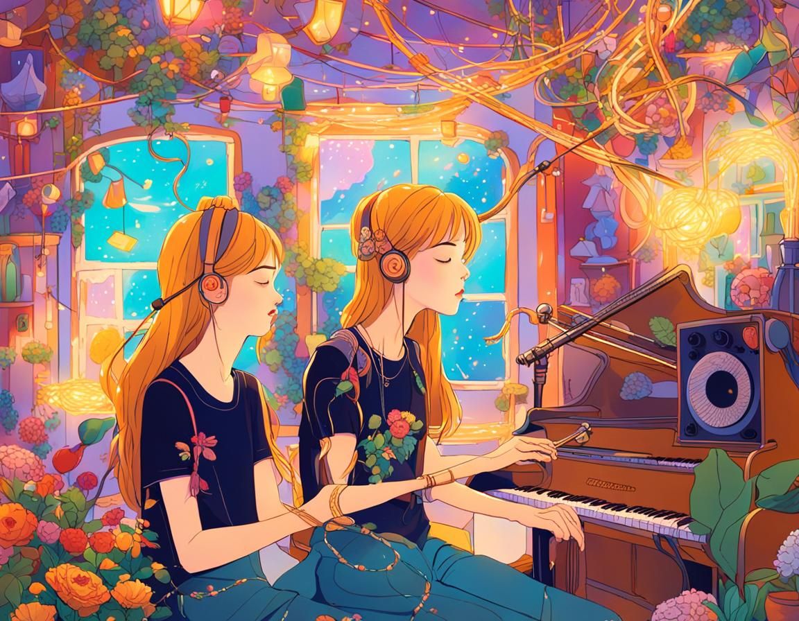 Girl Singing in Colorful Home Studio Concept Art
