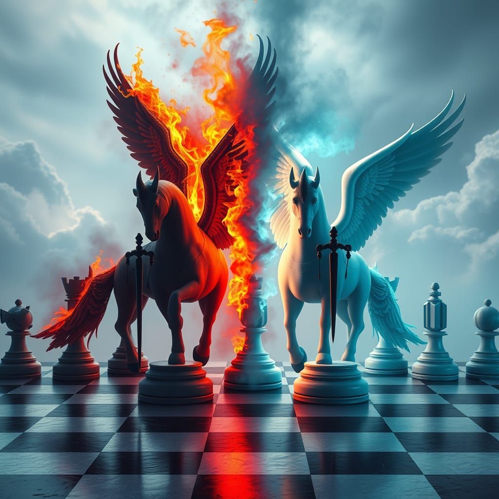 Winged Knights on Chessboard in Mystical Realism Style