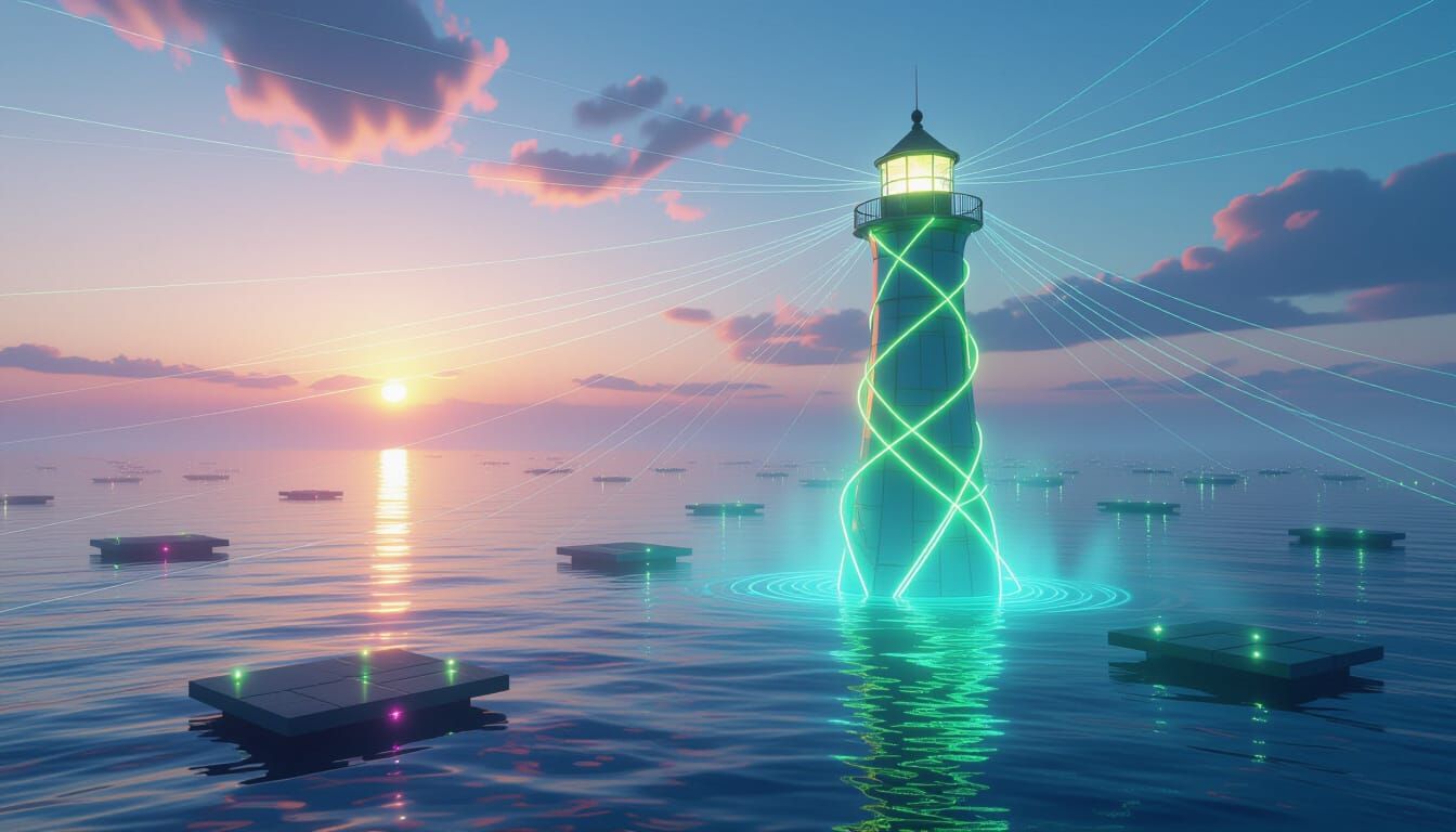 Fractal Lighthouse Over Glowing Ocean in Neon Light