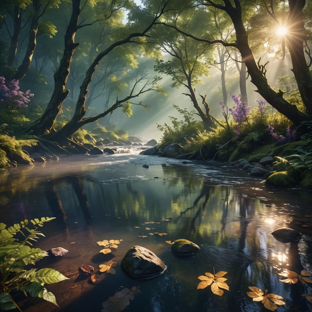 Serene River Flowing Through Lush Forest