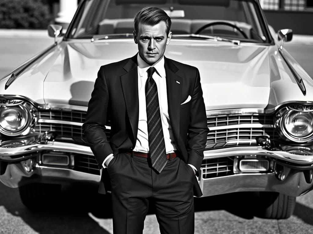 Confident Man in Suit with Vintage Cadillac