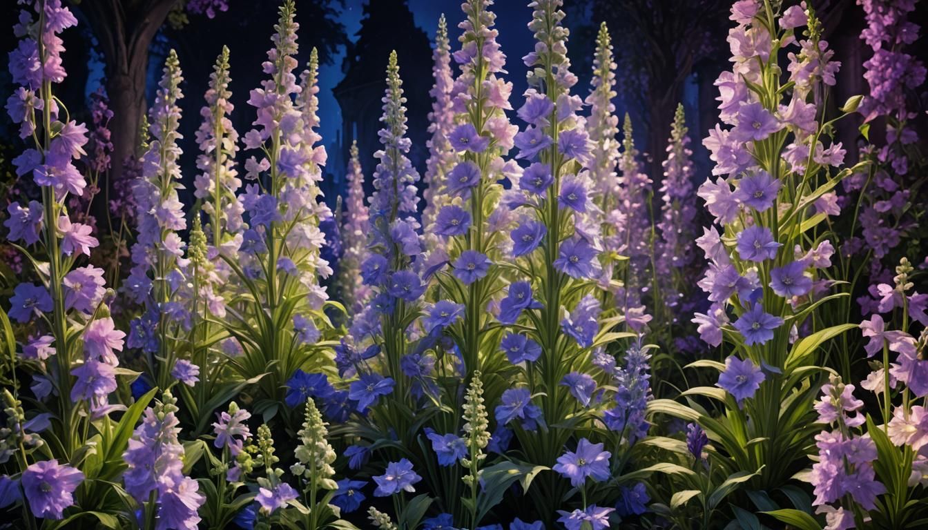 Crystal Delphinium Sculptures in Magical Garden