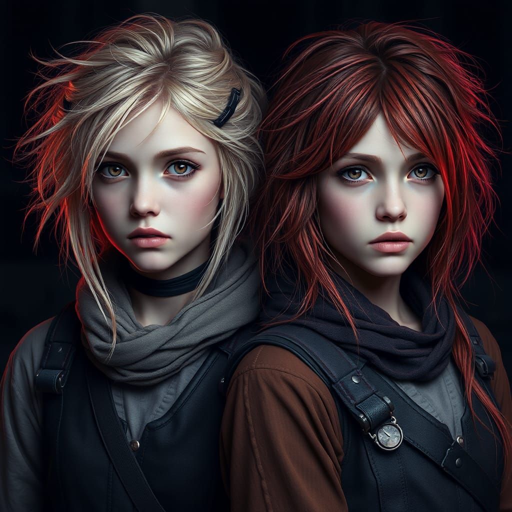 Gothic Twin Adventurers in Hyperrealistic Dark Fantasy Style
