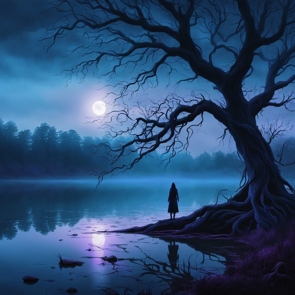 Ethereal Figure on Misty Lake in Dark Fantasy Art