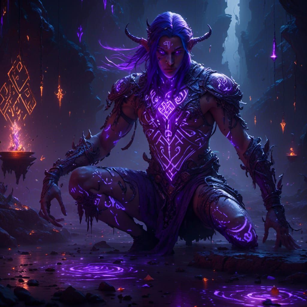 <lora:Glowing Runes:1.0>  a djinn with glowing purple rune t...