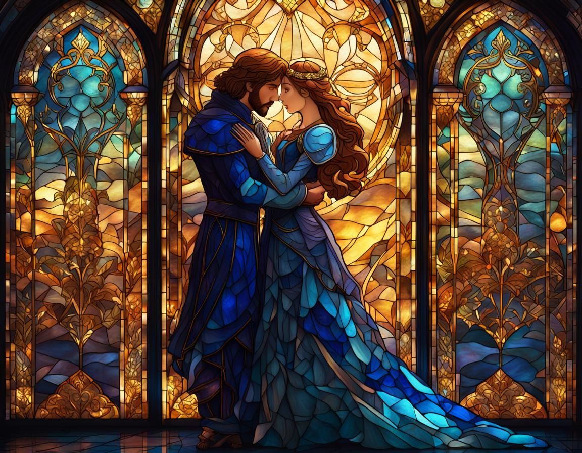 Prince and Princess Embrace in Stained Glass