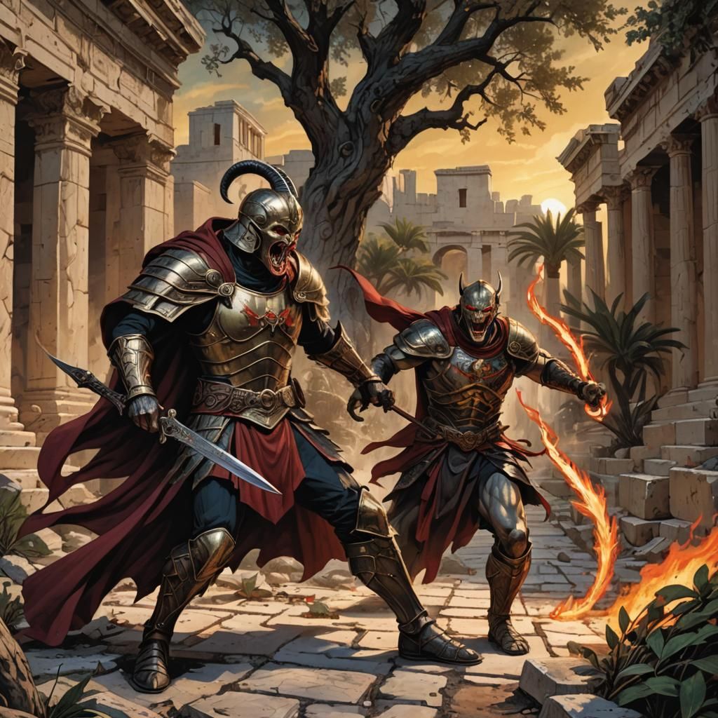 Vampire Warrior Battles Serpent in Athens: Comic Book Art