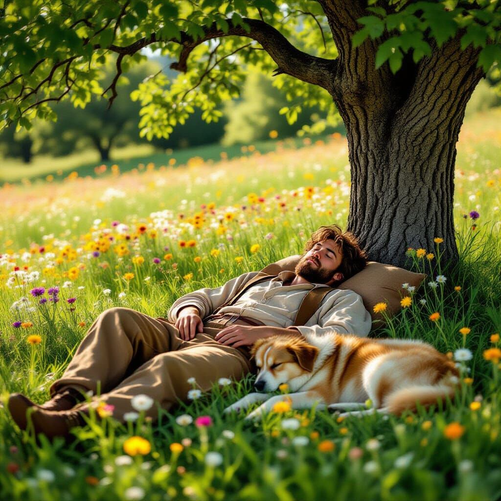 Shepherd and Dog Sleeping in Wildflower Meadow