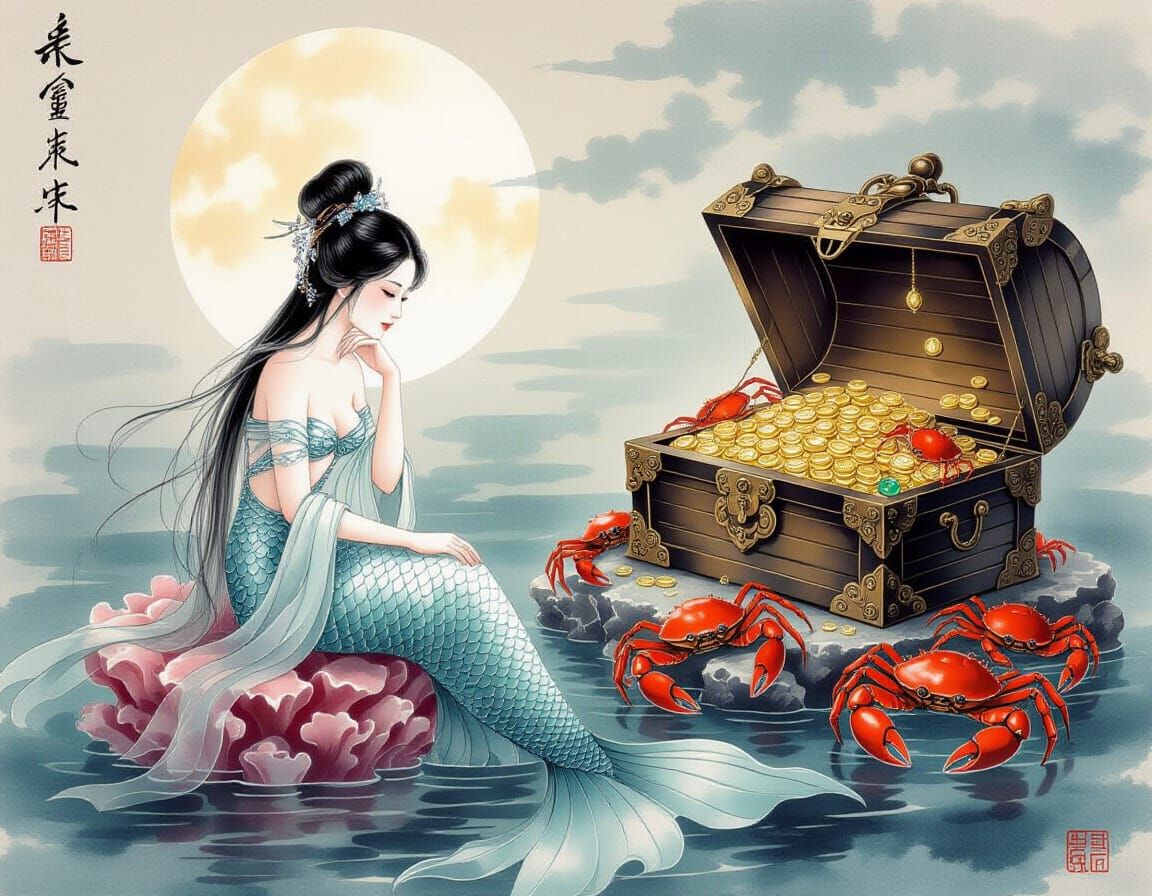 Mermaid on Coral Throne in Chinese Ink Painting