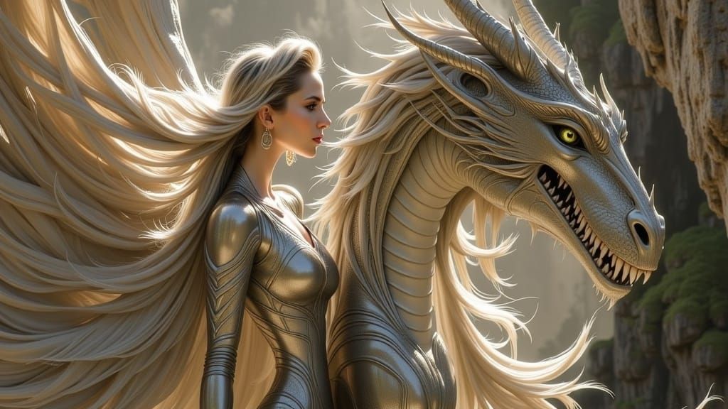 Woman Rides Dragon in Arthur Rackham Style