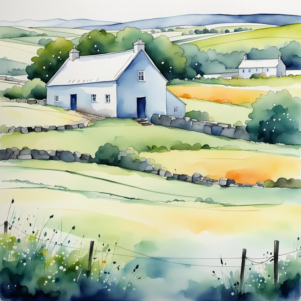 Irish Farmhouse in Abstract Watercolor Landscape