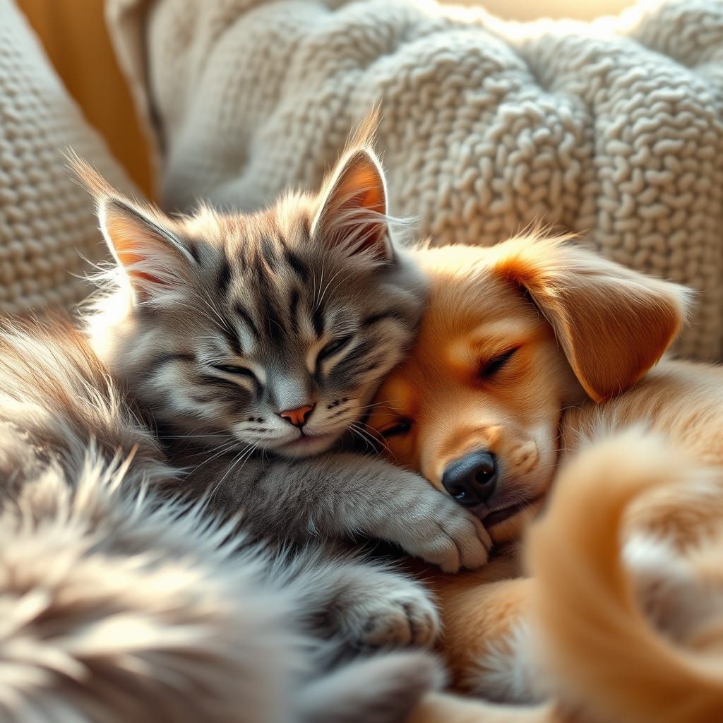 Whimsical Cat and Dog Snuggle in Warm Cozy Setting