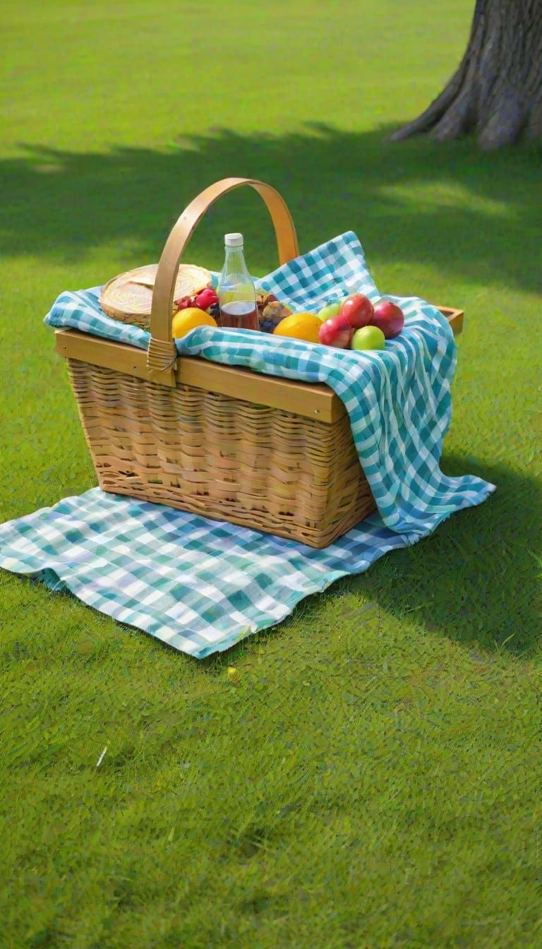 Bright Picnic Basket on Lush Green Grass