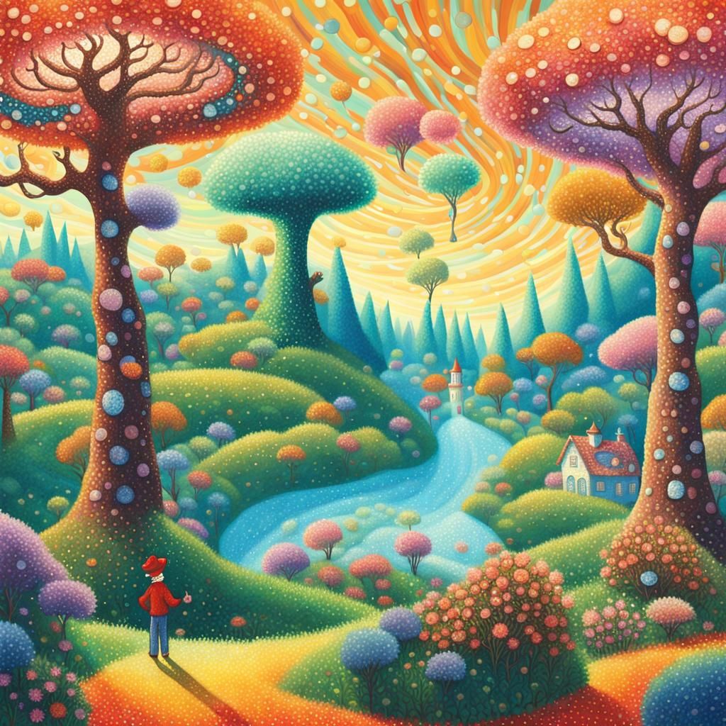 Whimsical Pointillist Dr. Seuss Character in Crystal Forest