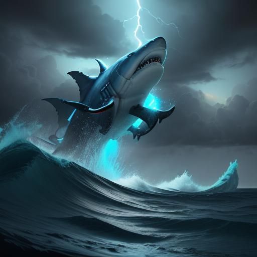 Epic Shark Breaching at Dusk in Fantasy Art