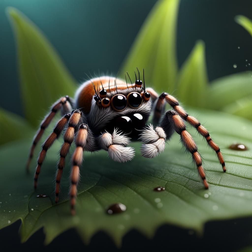 Cute Jumping Spider Family on Leaf, Detailed Digital Art